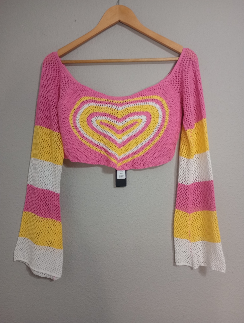 Fashion Nova Off The Shoulder Flare Sleeve Crochet Heart Top Boho Festival